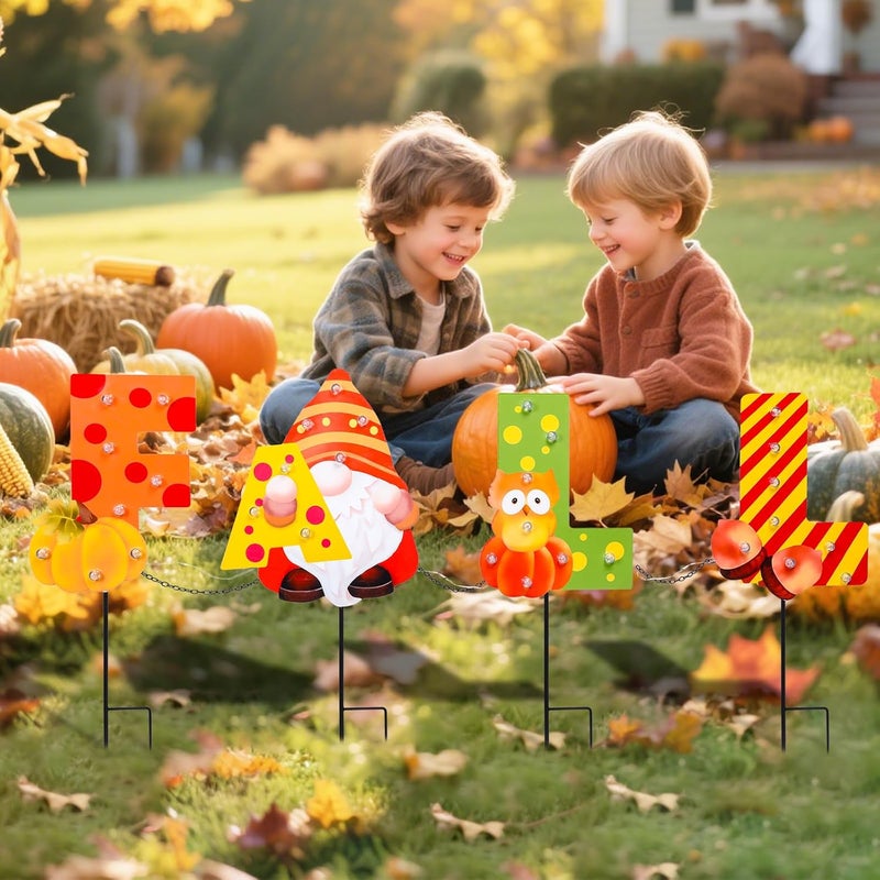 VCUTEKA Fall Yard Decor Outdoor Autumn Harvest Garden Stakes with LED Light Squirrel Gnome Letter Pumpkin Yard Sign with Stakes Fall Thanksgiving Decoration for Home Outside Lawn Garden Holiday Decor - Image 5